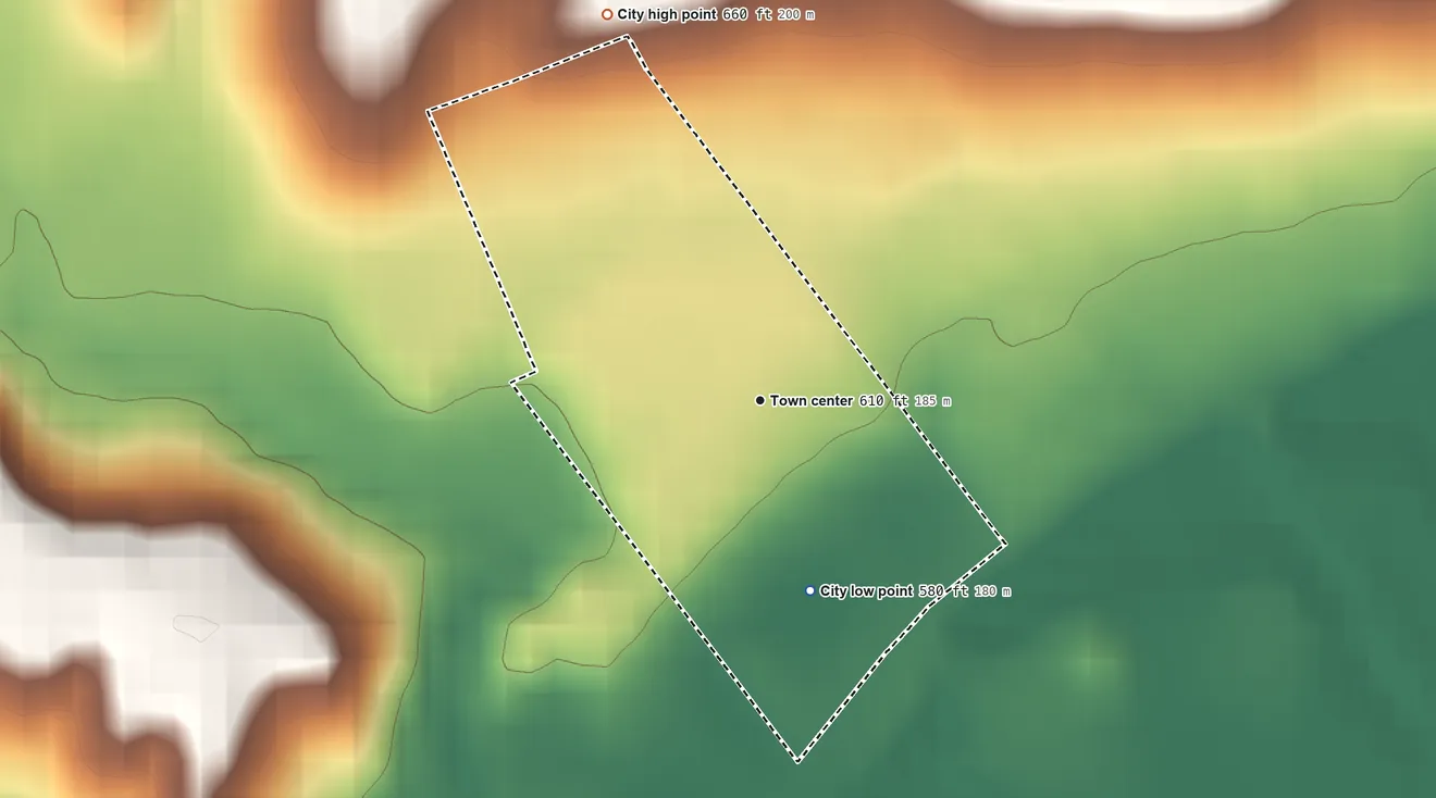 Topographic elevation map of Panorama Park, Iowa, shaded from 580 ft on the south side to 660 ft on the north side