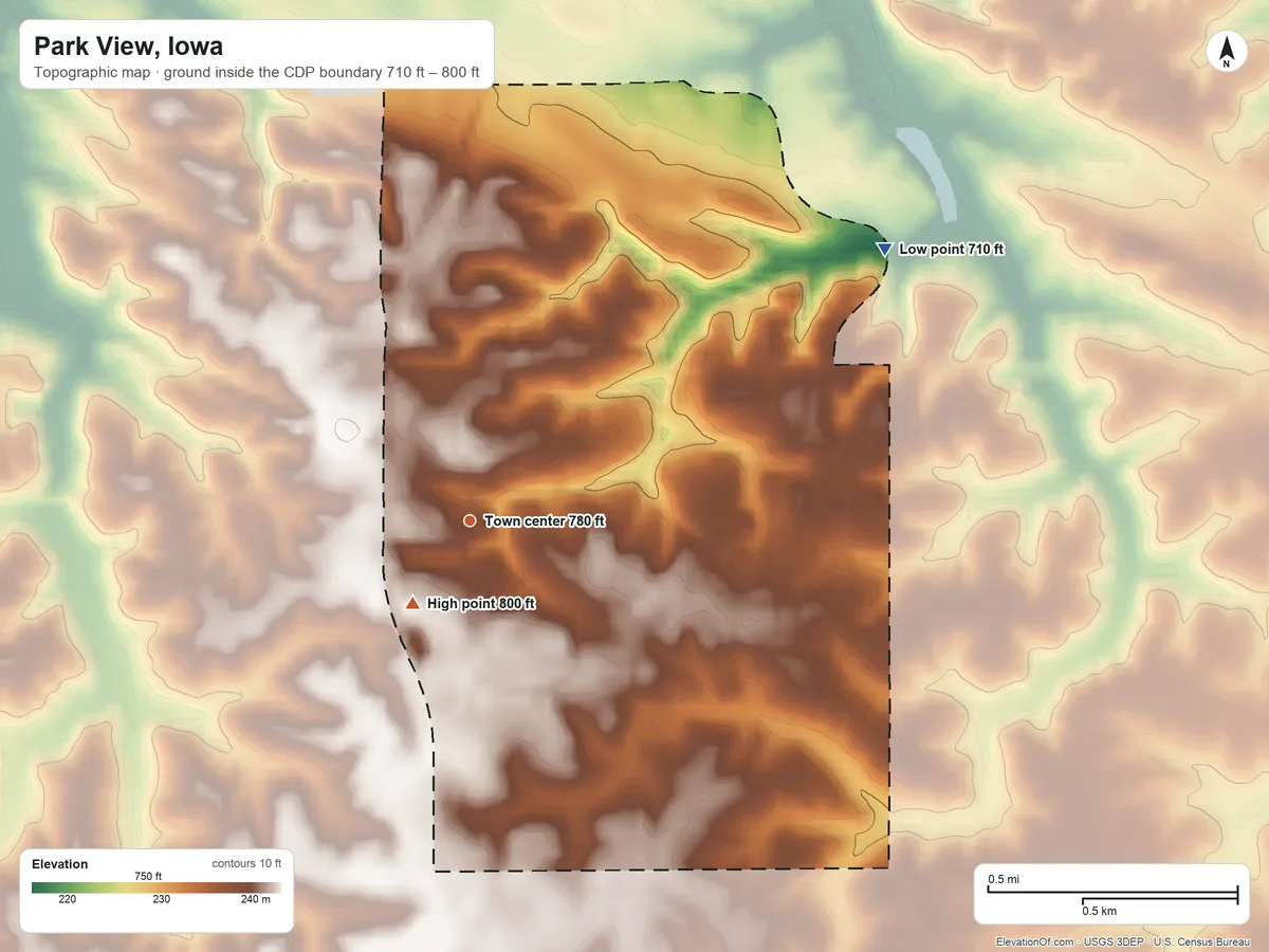 Topographic elevation map of Park View, Iowa, shaded from 710 ft on the northeast side to 800 ft on the southwest side