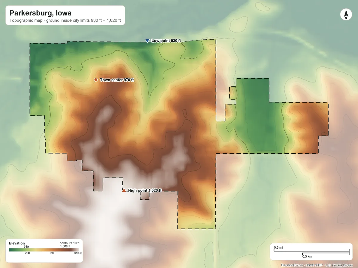 Topographic elevation map of Parkersburg, Iowa, shaded from 930 ft on the northeast side to 1,020 ft on the south side