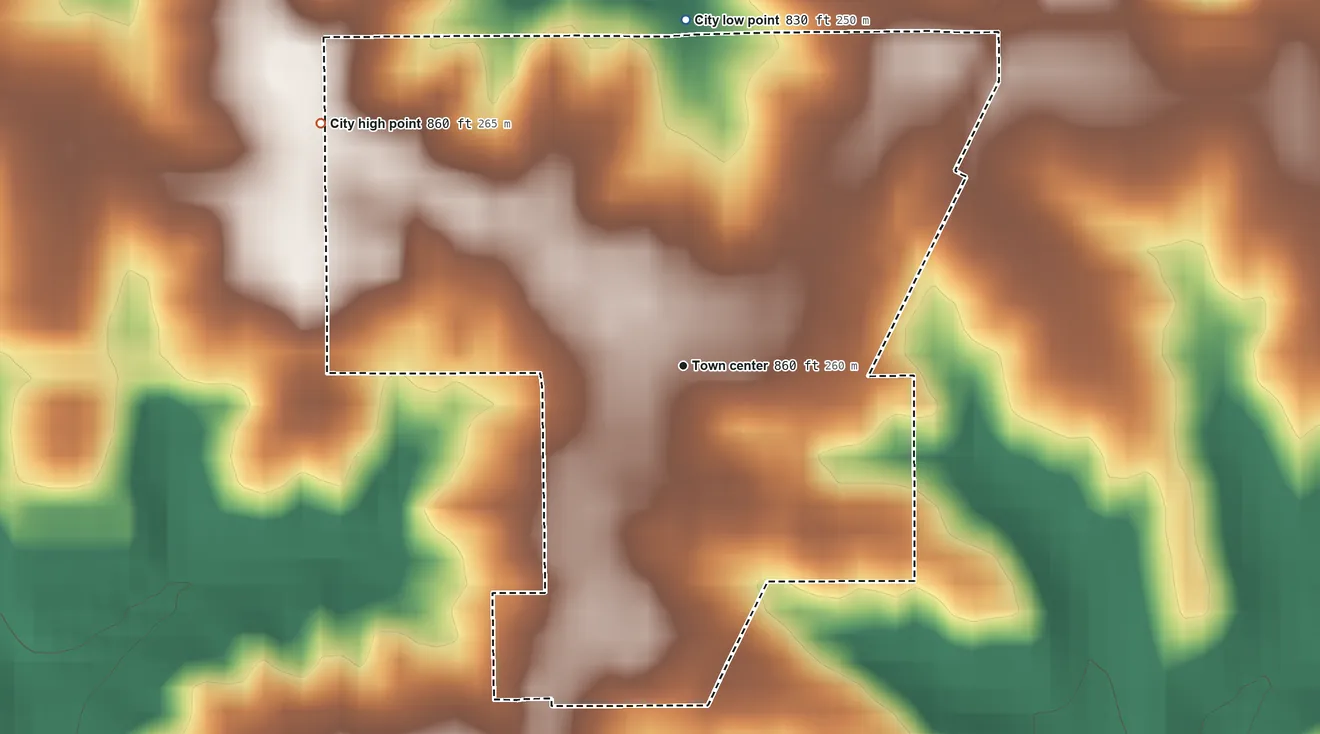 Topographic elevation map of Parnell, Iowa, shaded from 830 ft on the north side to 860 ft on the northwest side