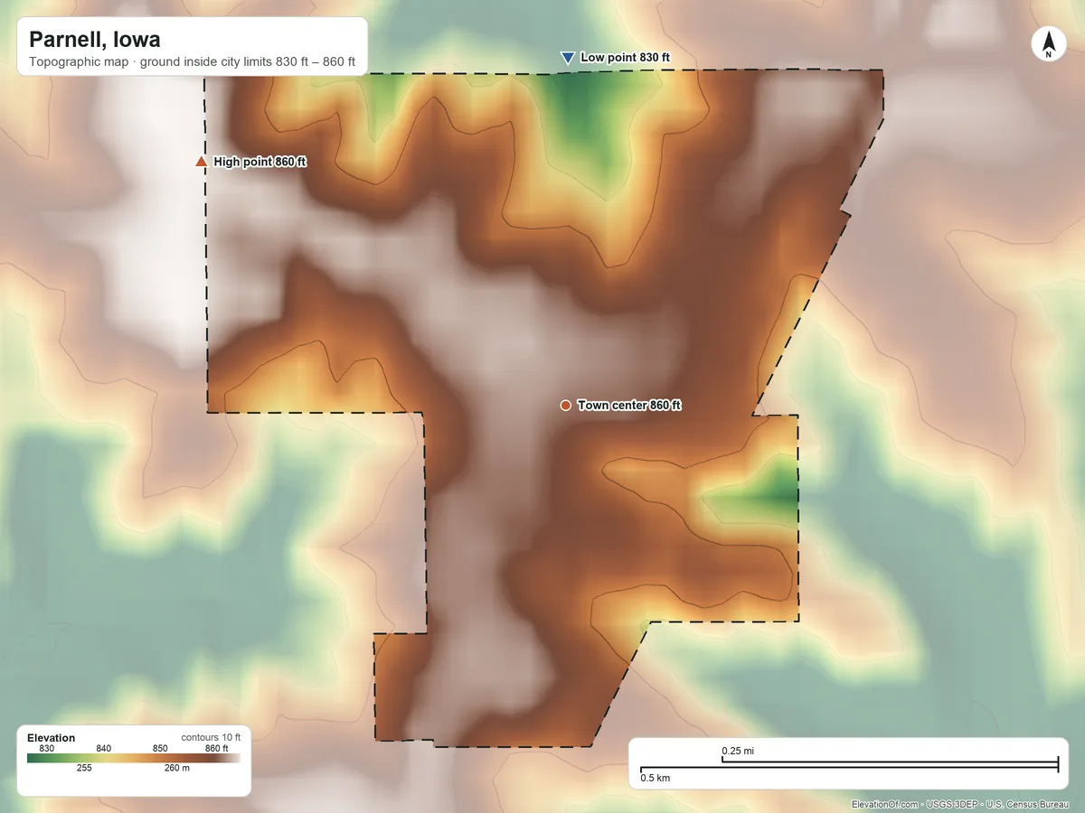 Topographic elevation map of Parnell, Iowa, shaded from 830 ft on the north side to 860 ft on the northwest side