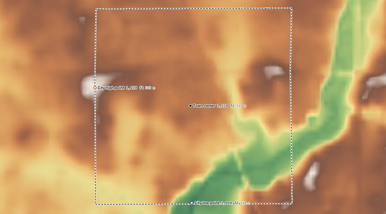 Topographic elevation map of Paton, Iowa, shaded from 1,080 ft on the south side to 1,120 ft on the west side