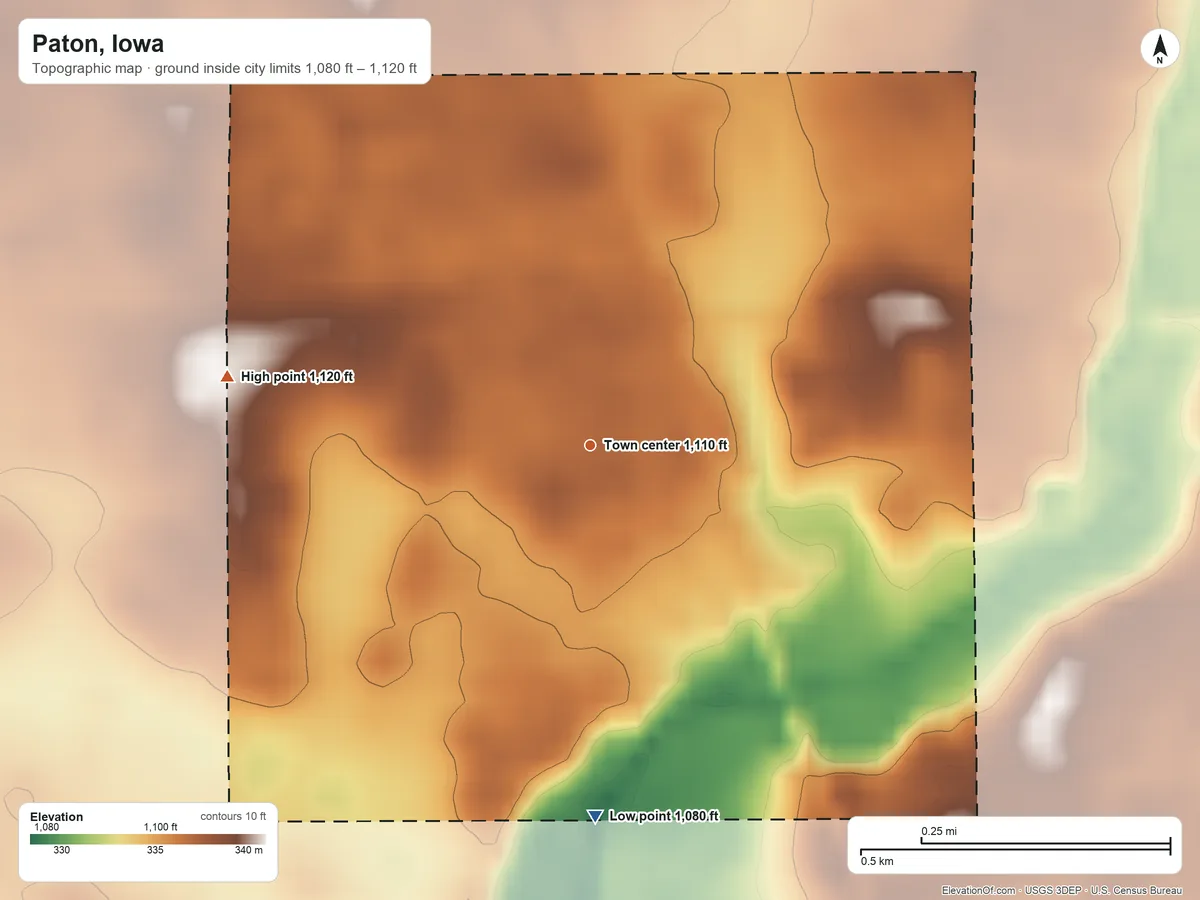 Topographic elevation map of Paton, Iowa, shaded from 1,080 ft on the south side to 1,120 ft on the west side