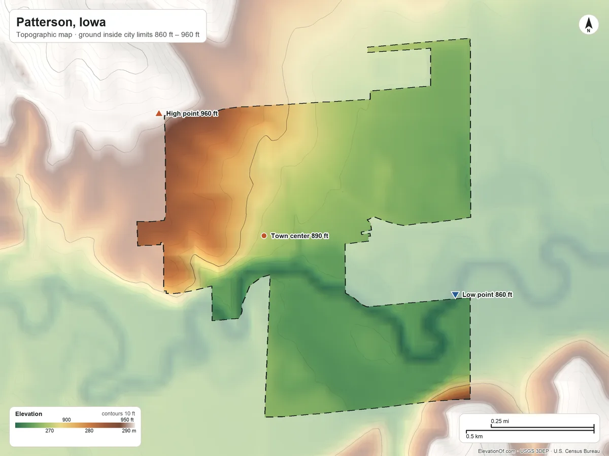 Topographic elevation map of Patterson, Iowa, shaded from 860 ft on the east side to 960 ft on the northwest side