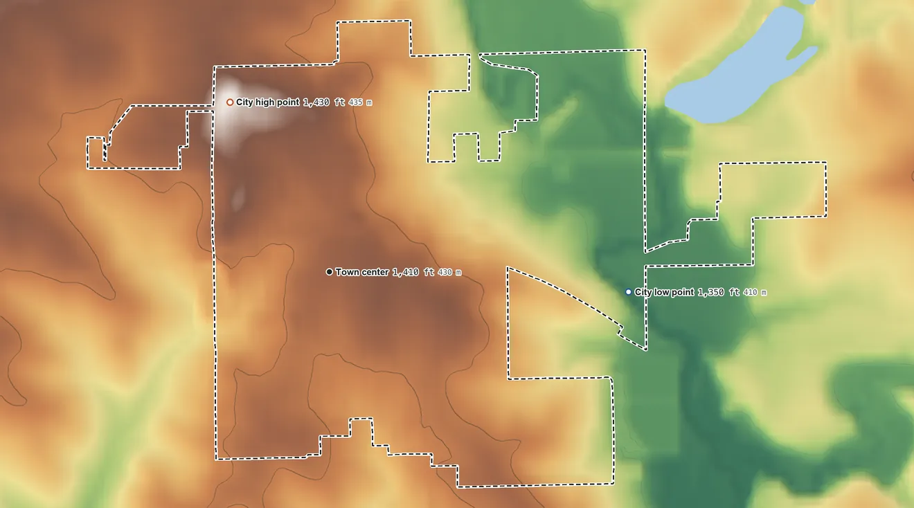 Topographic elevation map of Paullina, Iowa, shaded from 1,350 ft on the east side to 1,430 ft on the northwest side