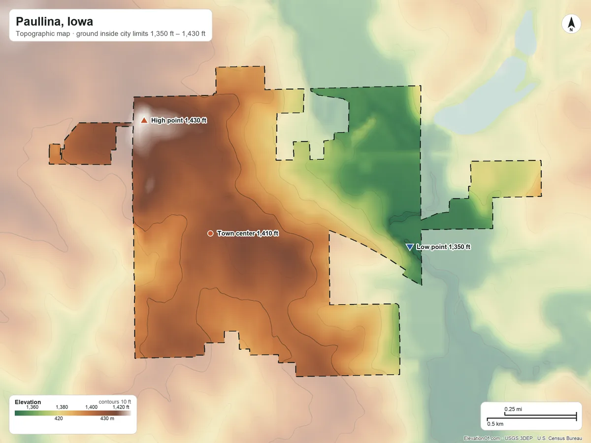 Topographic elevation map of Paullina, Iowa, shaded from 1,350 ft on the east side to 1,430 ft on the northwest side