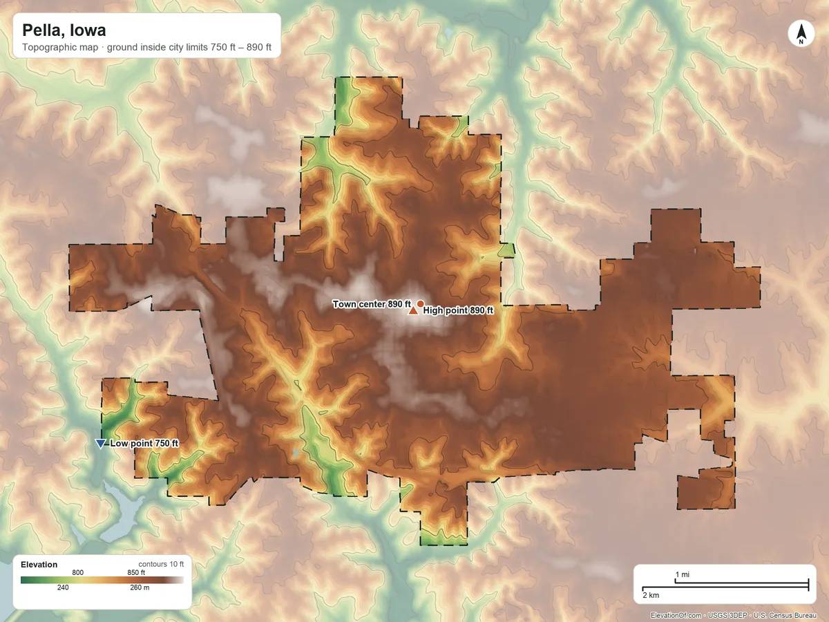 Topographic elevation map of Pella, Iowa, shaded from 750 ft on the southwest side to 890 ft near the middle