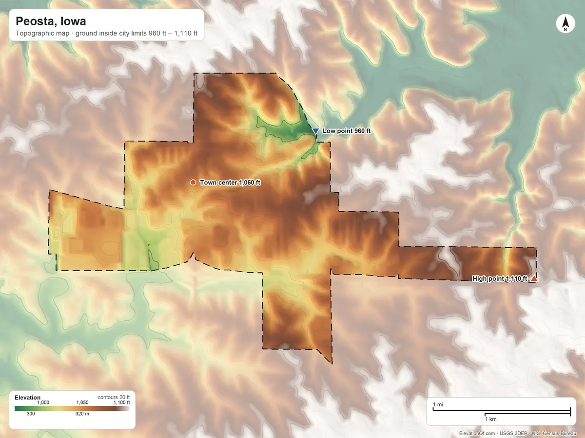 Topographic elevation map of Peosta, Iowa, shaded from 960 ft on the northeast side to 1,110 ft on the east side