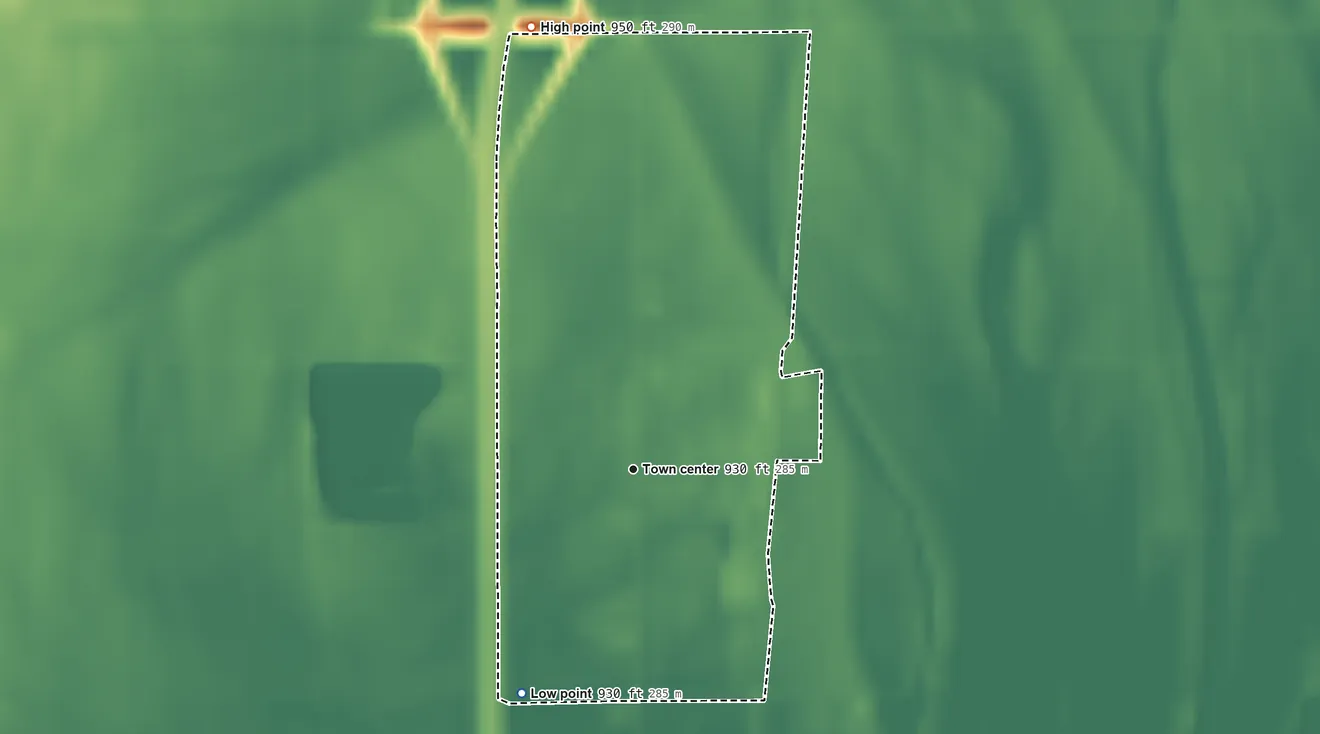 Topographic elevation map of Percival, Iowa, shaded from 930 ft on the southwest side to 950 ft on the north side