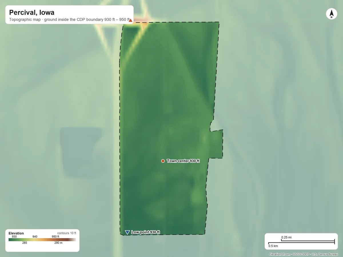 Topographic elevation map of Percival, Iowa, shaded from 930 ft on the southwest side to 950 ft on the north side