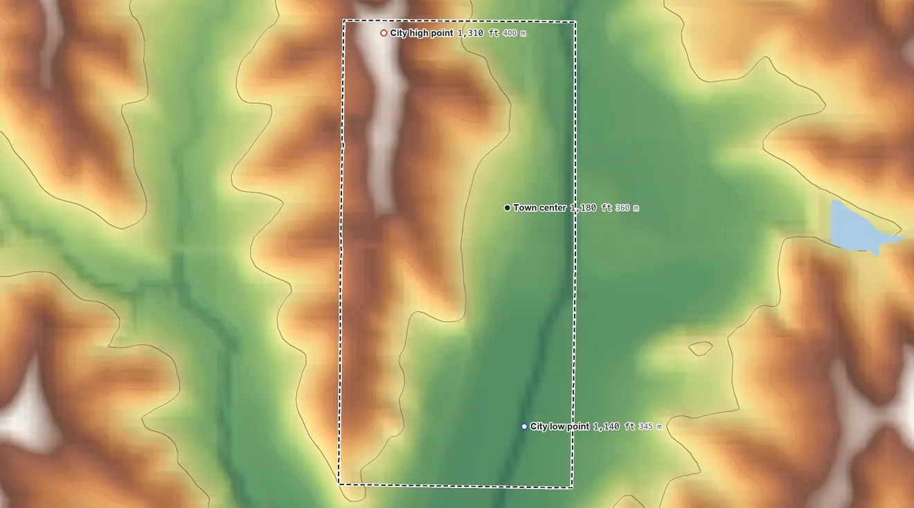 Topographic elevation map of Persia, Iowa, shaded from 1,140 ft on the south side to 1,310 ft on the northwest side