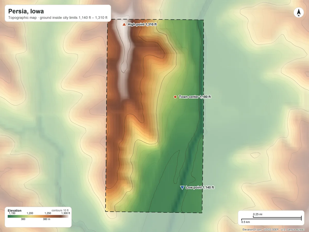 Topographic elevation map of Persia, Iowa, shaded from 1,140 ft on the south side to 1,310 ft on the northwest side