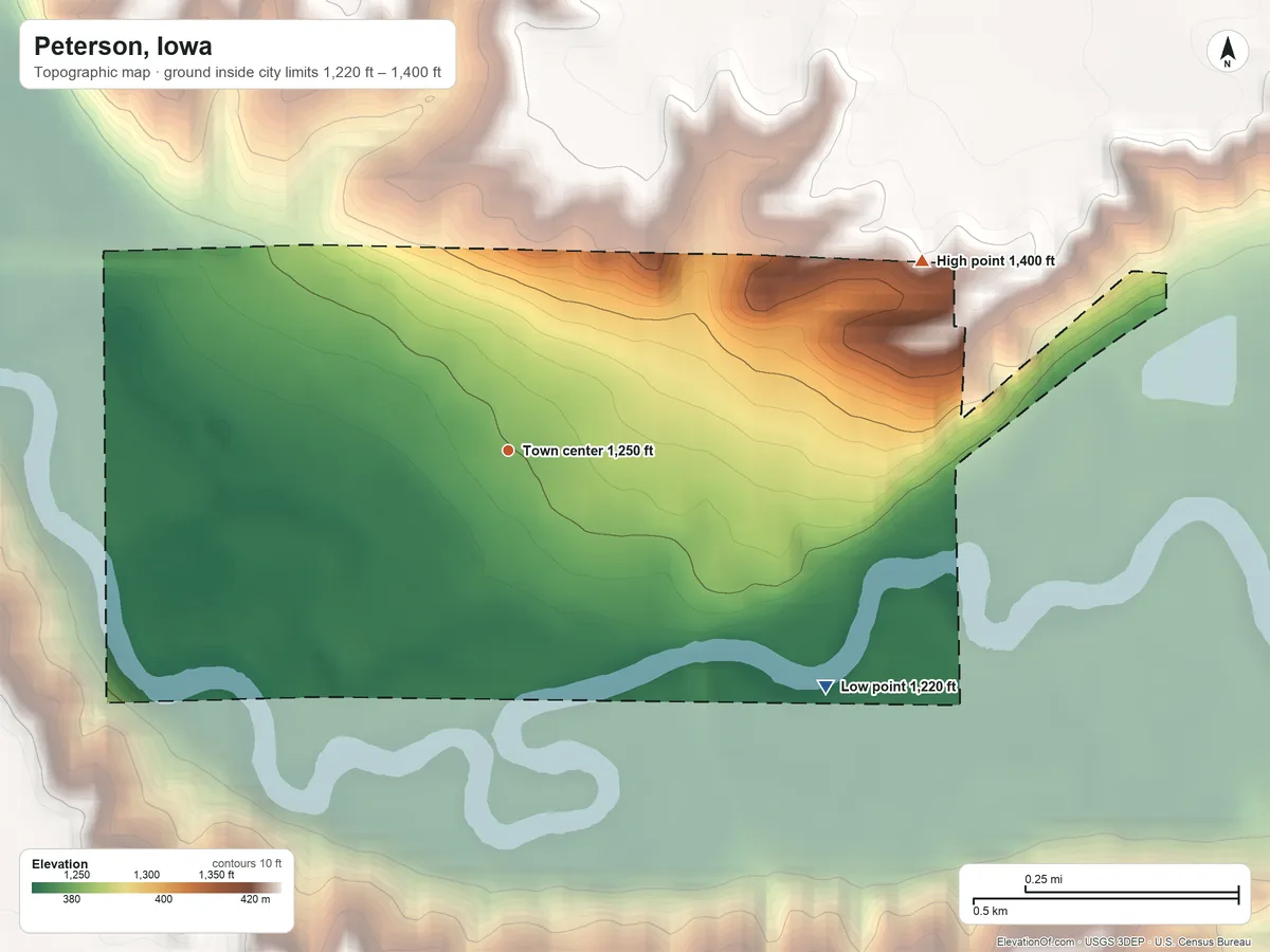 Topographic elevation map of Peterson, Iowa, shaded from 1,220 ft on the southeast side to 1,400 ft on the northeast side