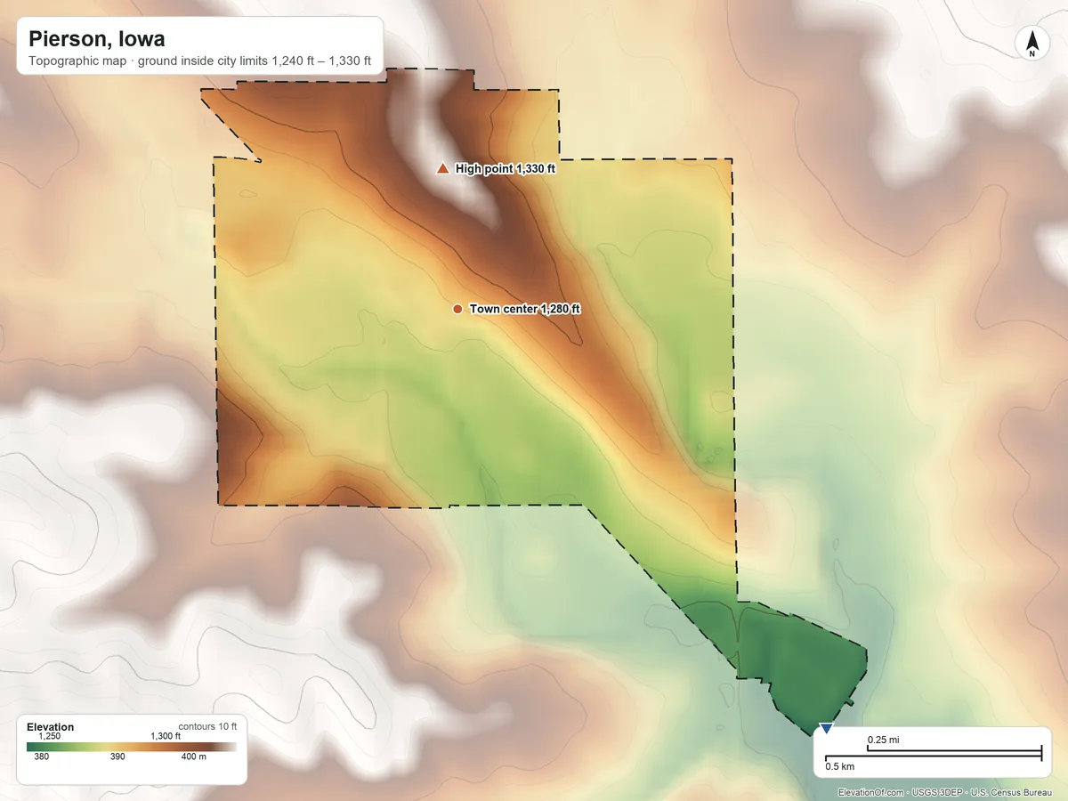 Topographic elevation map of Pierson, Iowa, shaded from 1,240 ft on the southeast side to 1,330 ft on the north side