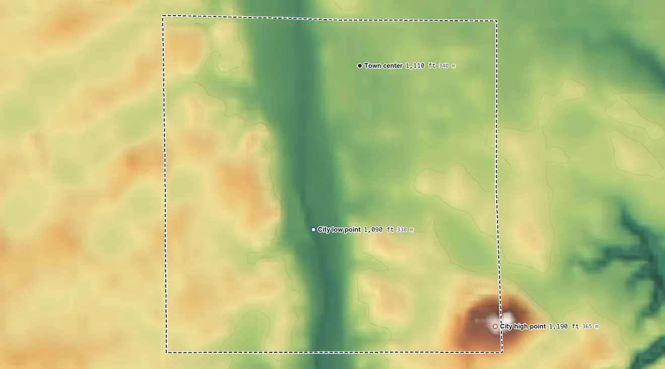 Topographic elevation map of Pilot Mound, Iowa, shaded from 1,090 ft on the south side to 1,190 ft on the southeast side