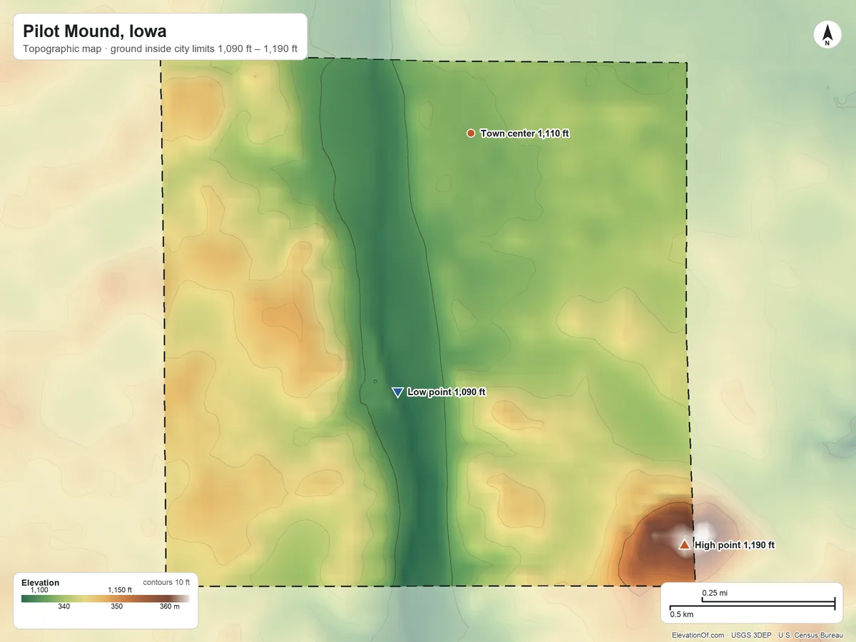 Topographic elevation map of Pilot Mound, Iowa, shaded from 1,090 ft on the south side to 1,190 ft on the southeast side