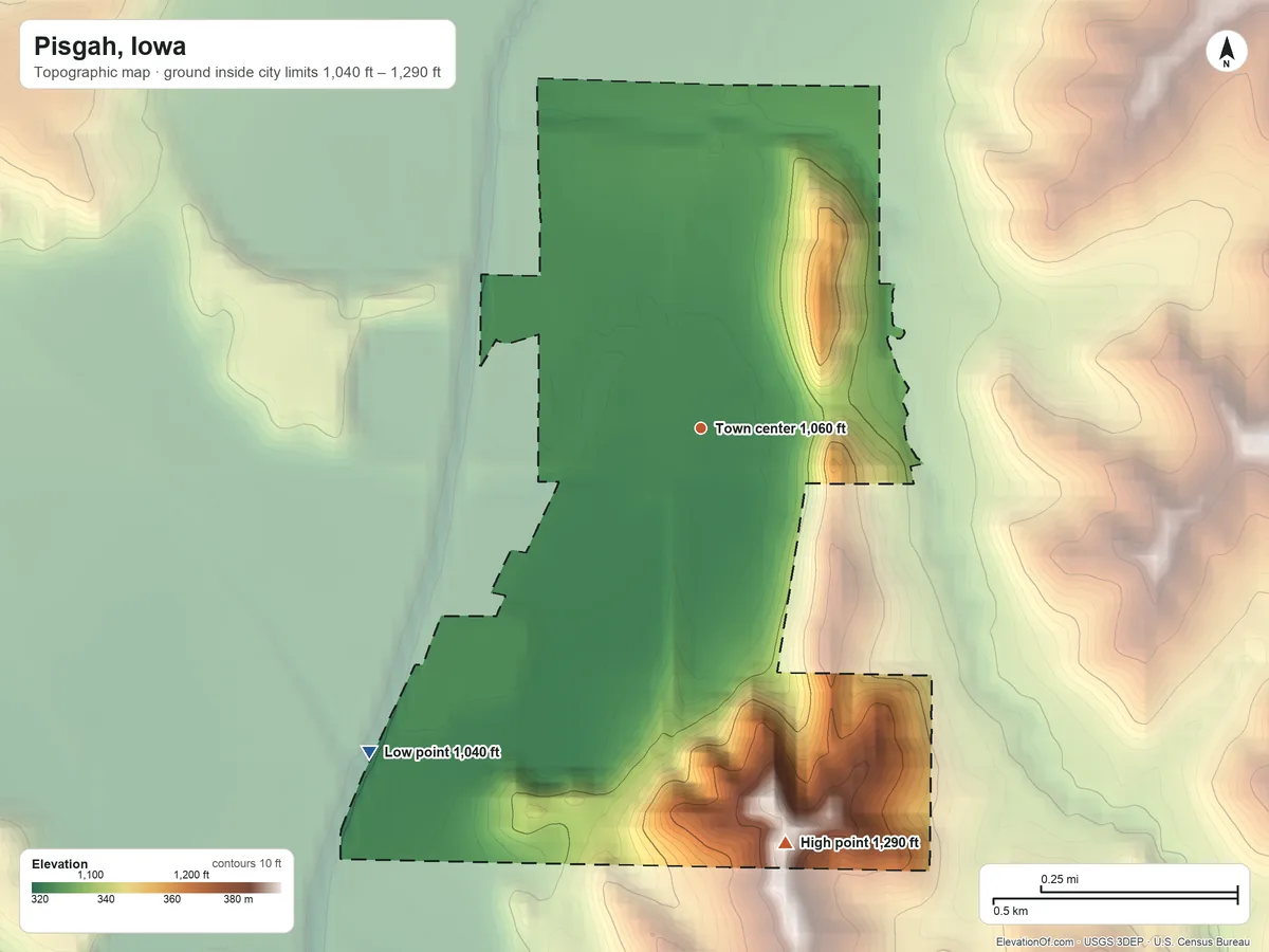 Topographic elevation map of Pisgah, Iowa, shaded from 1,040 ft on the southwest side to 1,290 ft on the south side