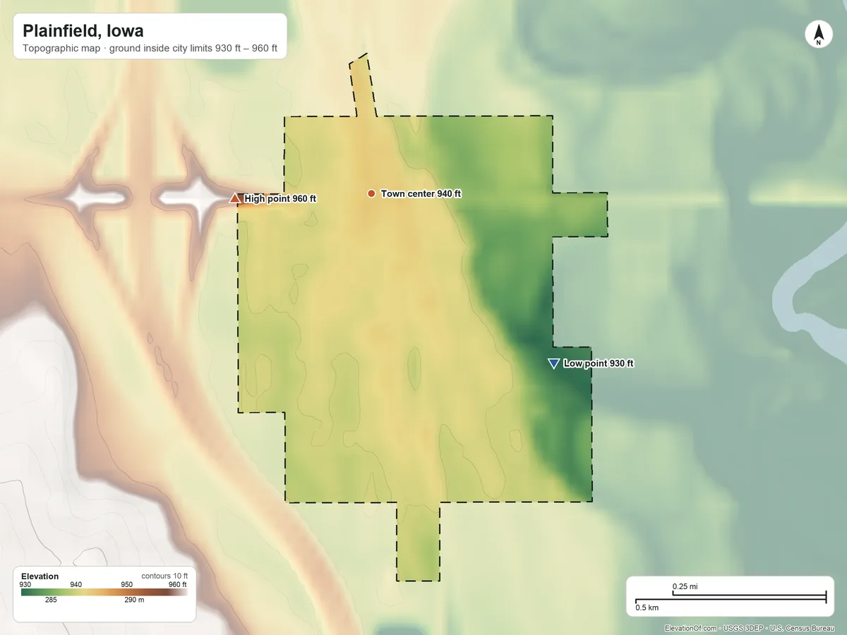 Topographic elevation map of Plainfield, Iowa, shaded from 930 ft on the southeast side to 960 ft on the west side