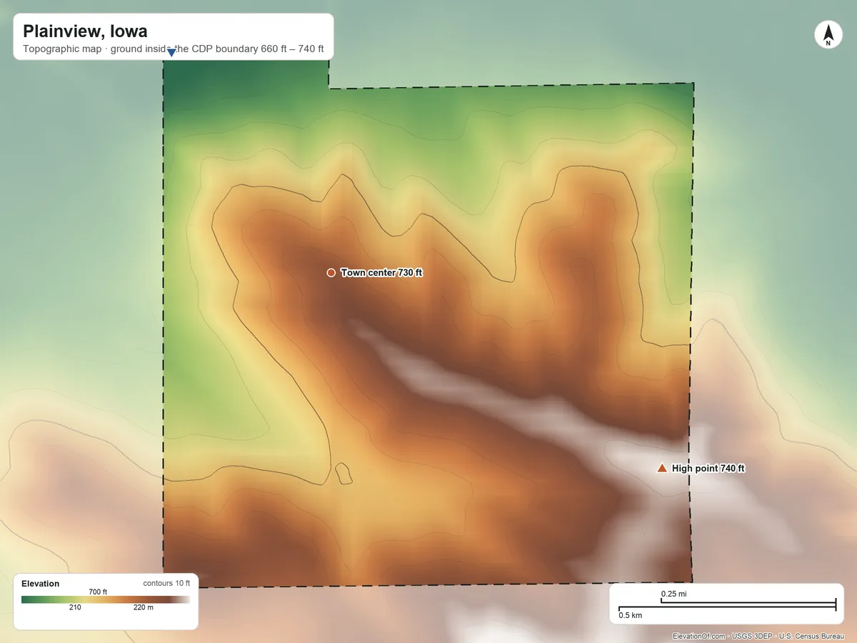 Topographic elevation map of Plainview, Iowa, shaded from 660 ft on the northwest side to 740 ft on the southeast side