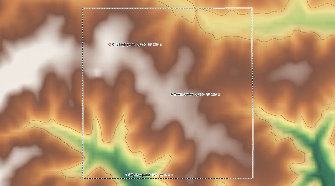 Topographic elevation map of Plano, Iowa, shaded from 970 ft on the southwest side to 1,040 ft on the northwest side