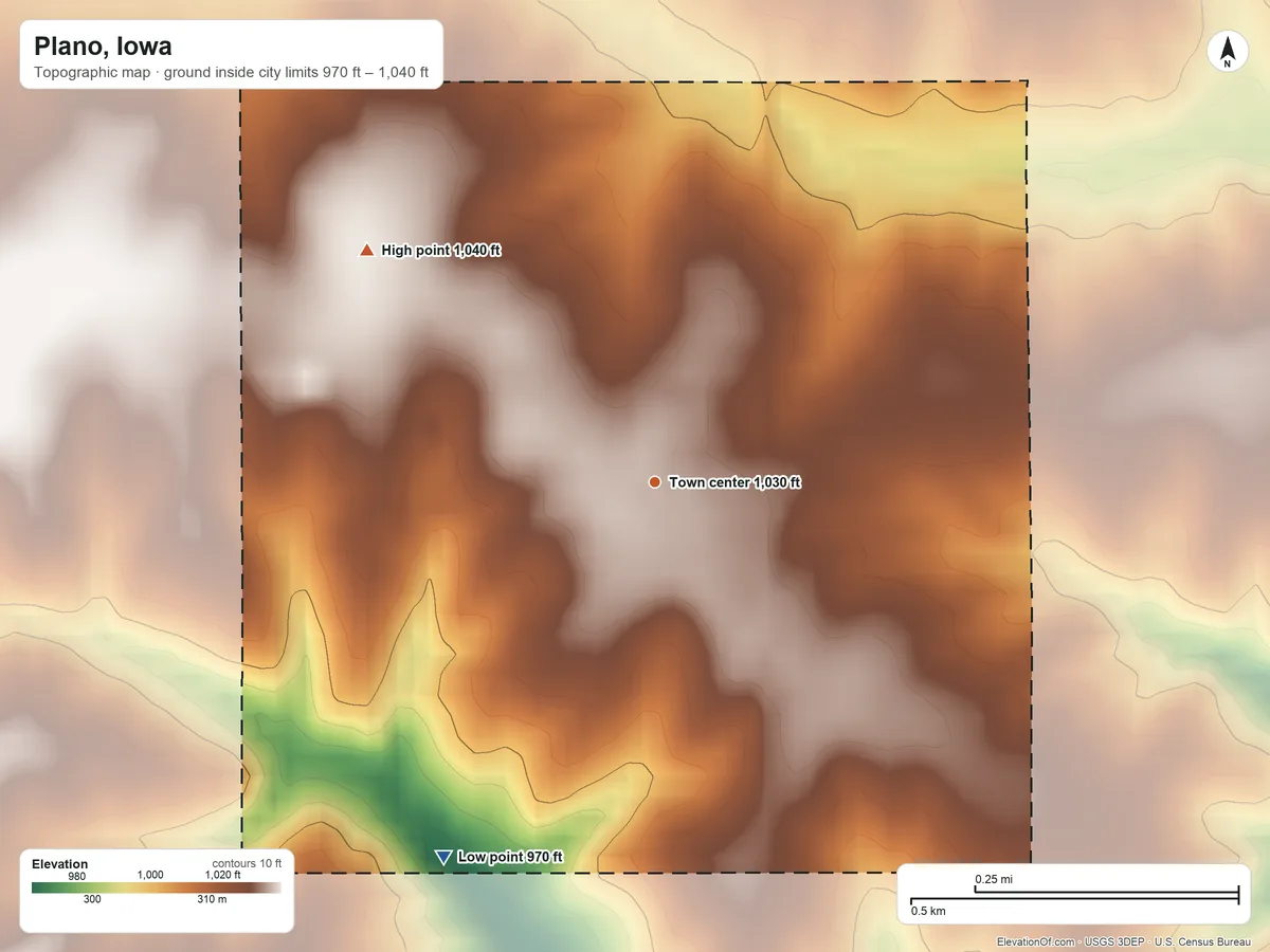 Topographic elevation map of Plano, Iowa, shaded from 970 ft on the southwest side to 1,040 ft on the northwest side