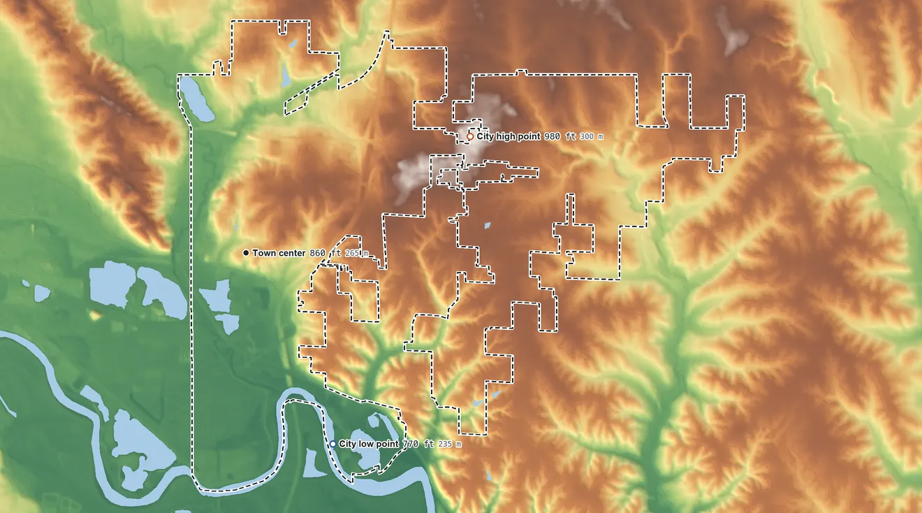 Topographic elevation map of Pleasant Hill, Iowa, shaded from 770 ft on the southeast side to 980 ft on the northeast side