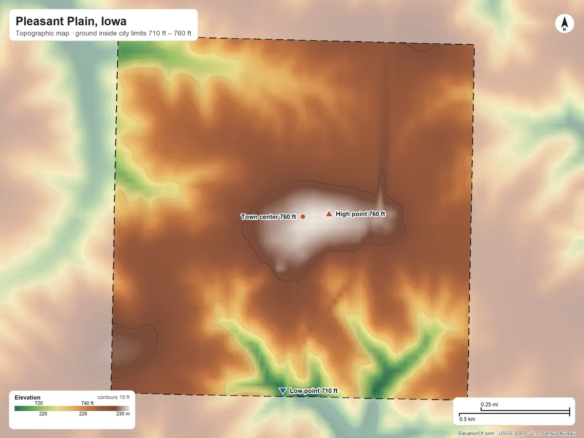 Topographic elevation map of Pleasant Plain, Iowa, shaded from 710 ft on the south side to 760 ft near the middle
