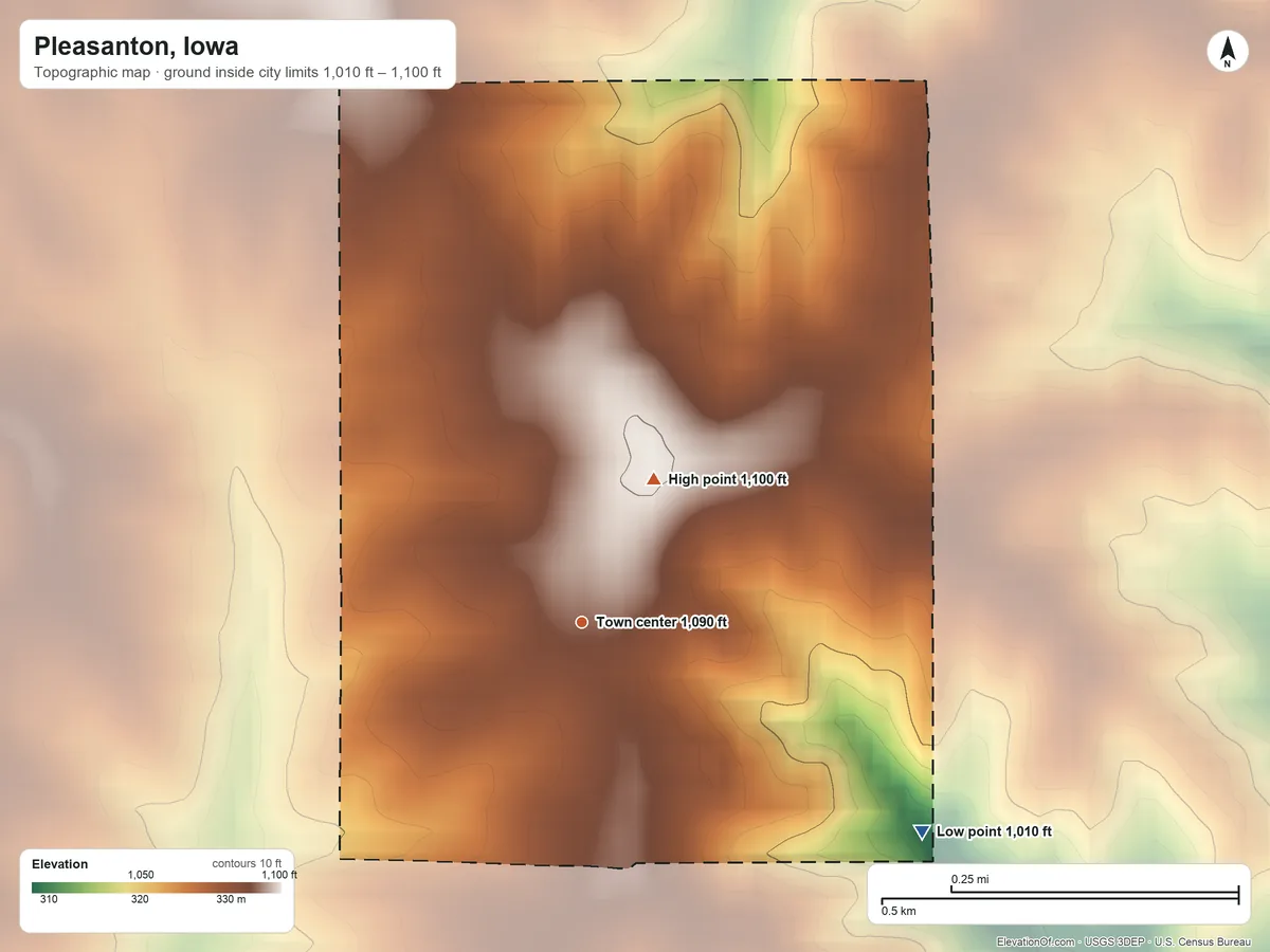 Topographic elevation map of Pleasanton, Iowa, shaded from 1,010 ft on the southeast side to 1,100 ft on the northeast side