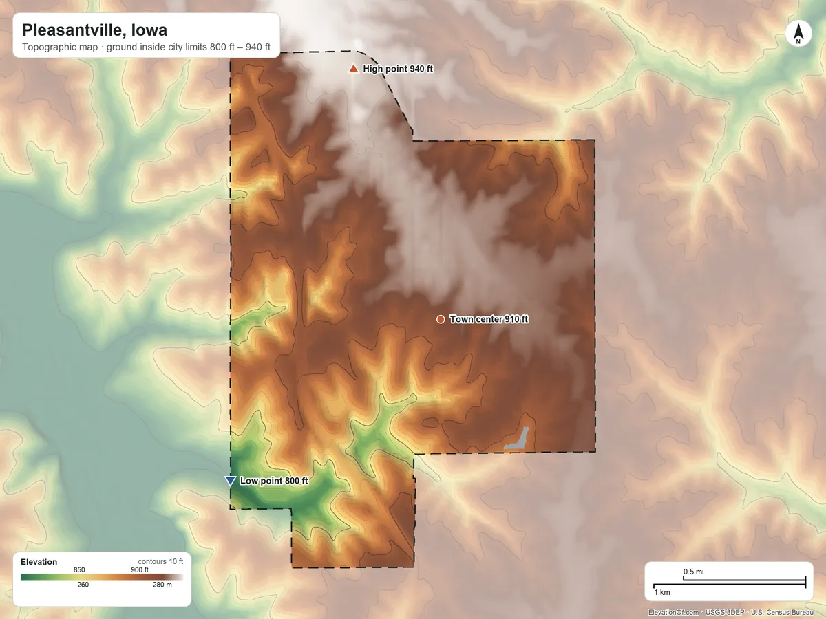 Topographic elevation map of Pleasantville, Iowa, shaded from 800 ft on the southwest side to 940 ft on the north side