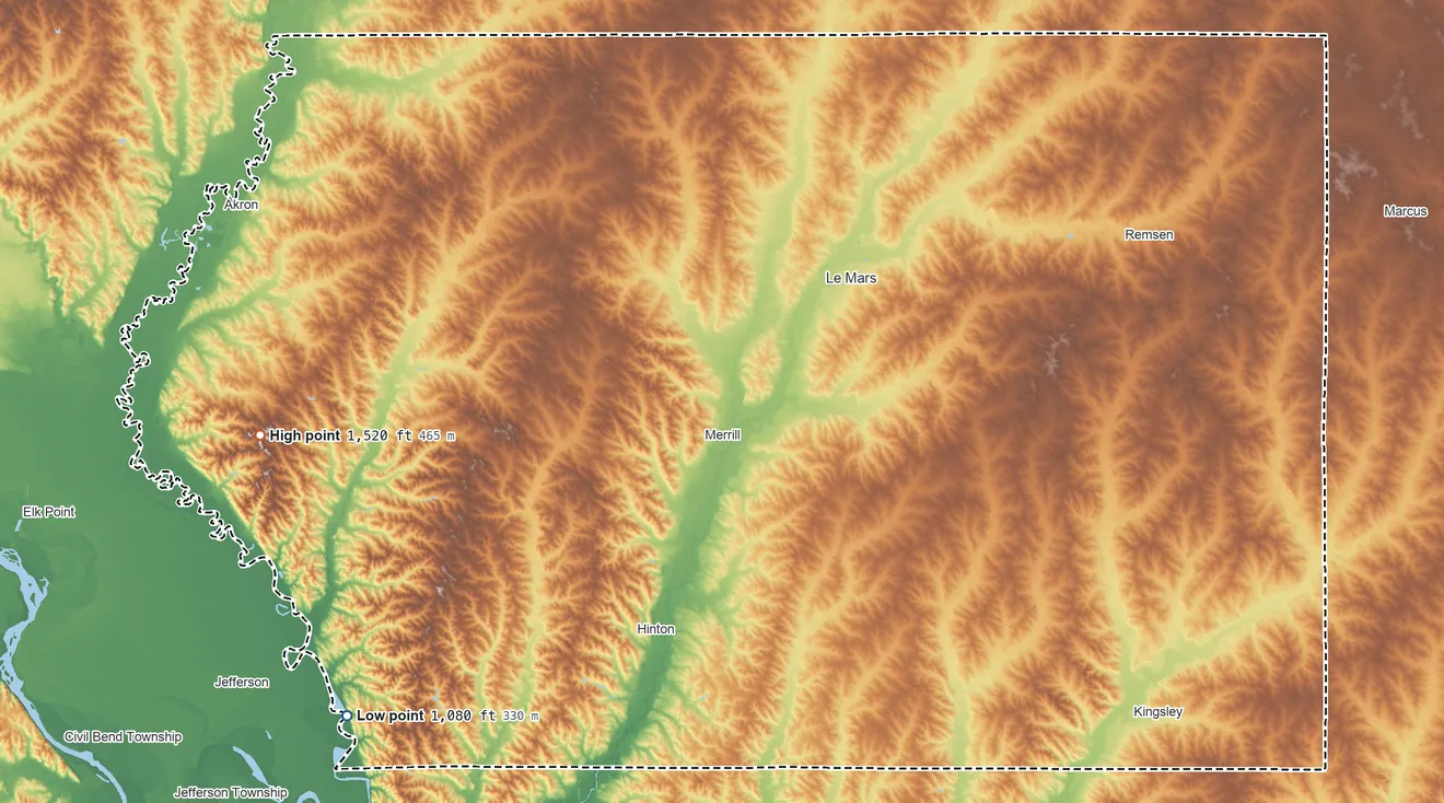 Topographic elevation map of Plymouth County, Iowa, shaded from 1,080 ft on the southwest side to 1,520 ft on the west side