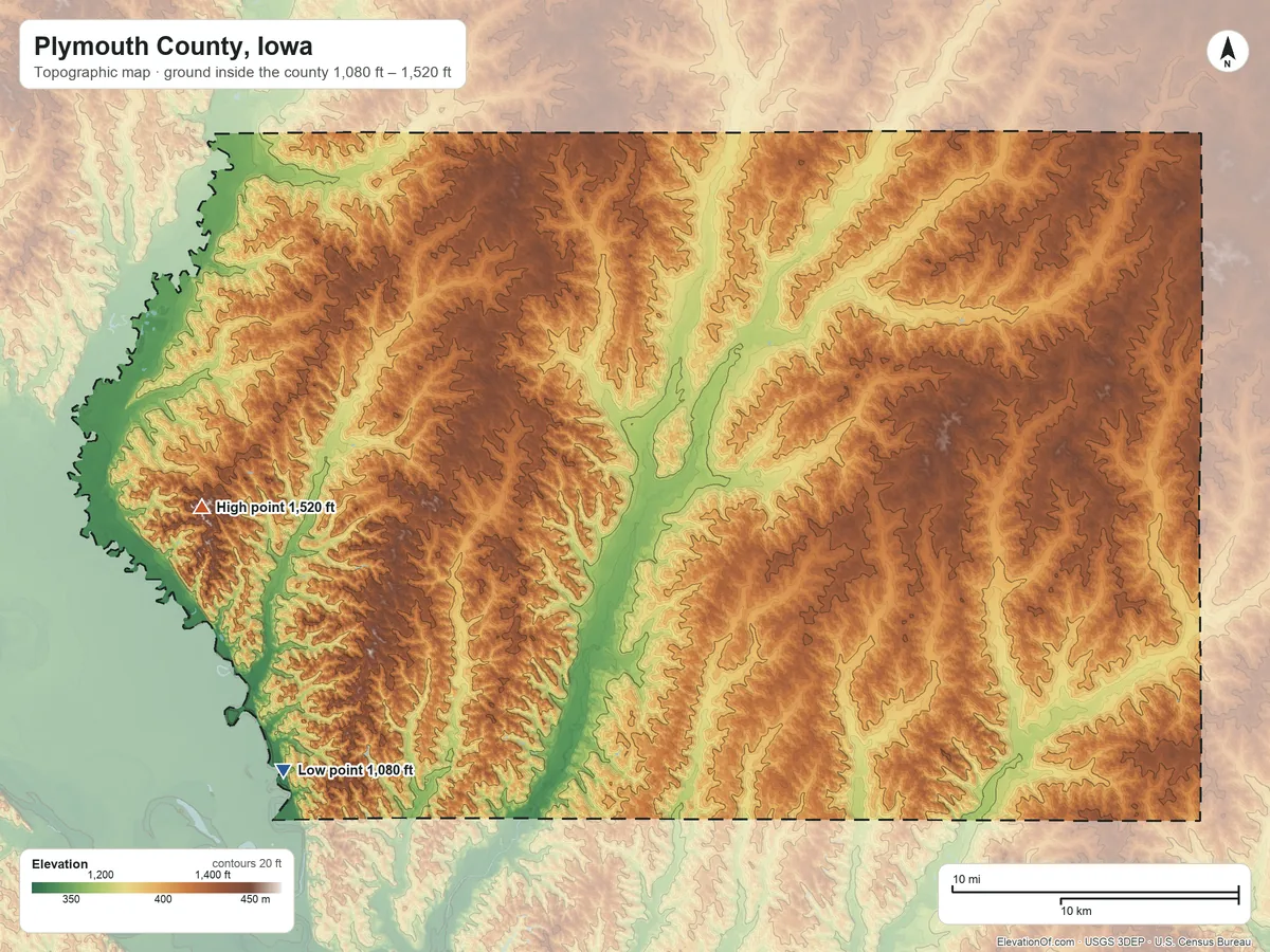 Topographic elevation map of Plymouth County, Iowa, shaded from 1,080 ft on the southwest side to 1,520 ft on the west side