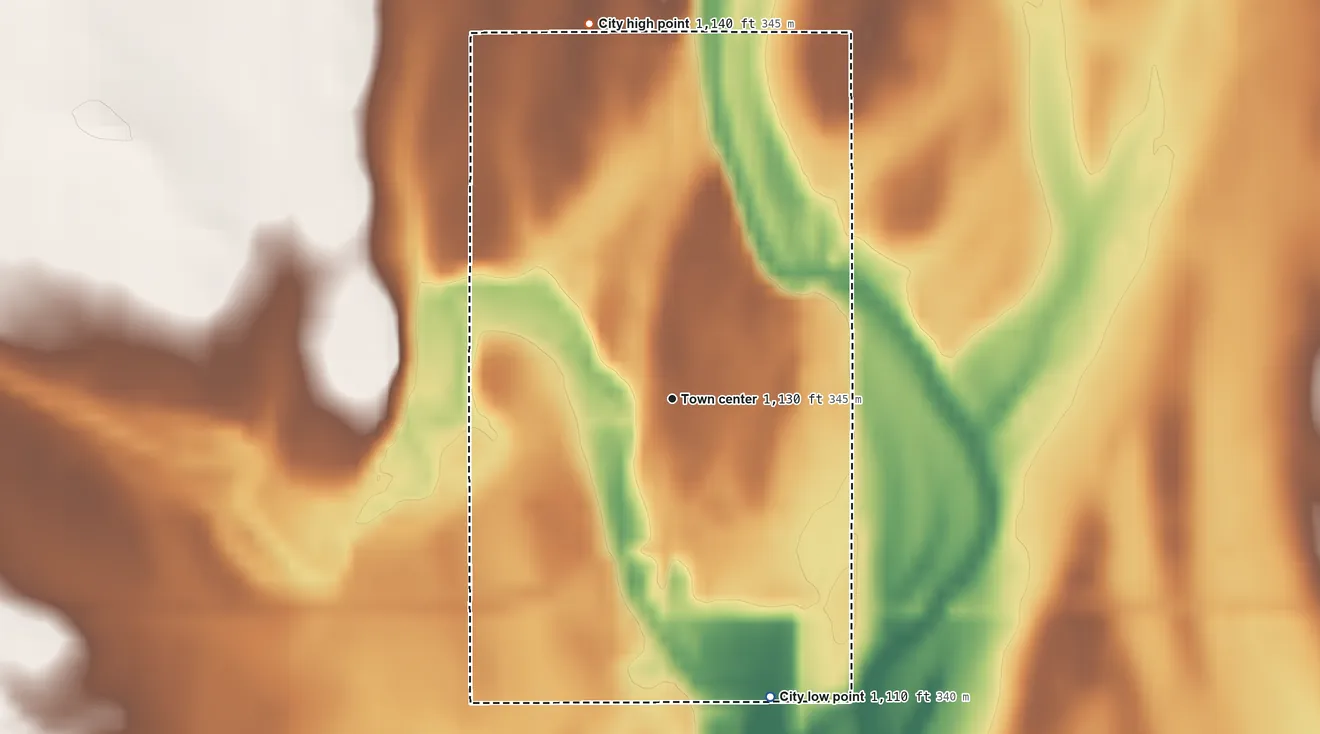 Topographic elevation map of Plymouth, Iowa, shaded from 1,110 ft on the south side to 1,140 ft on the north side