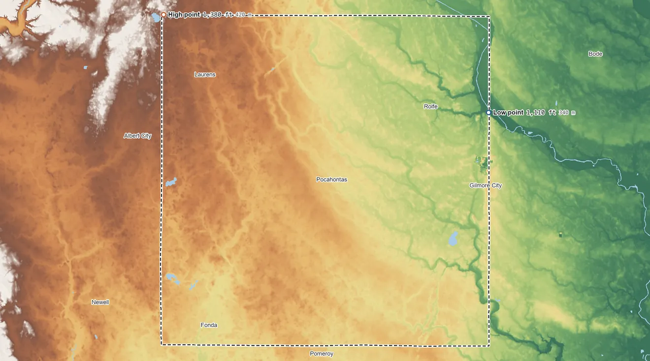 Topographic elevation map of Pocahontas County, Iowa, shaded from 1,110 ft on the northeast side to 1,380 ft on the northwest side