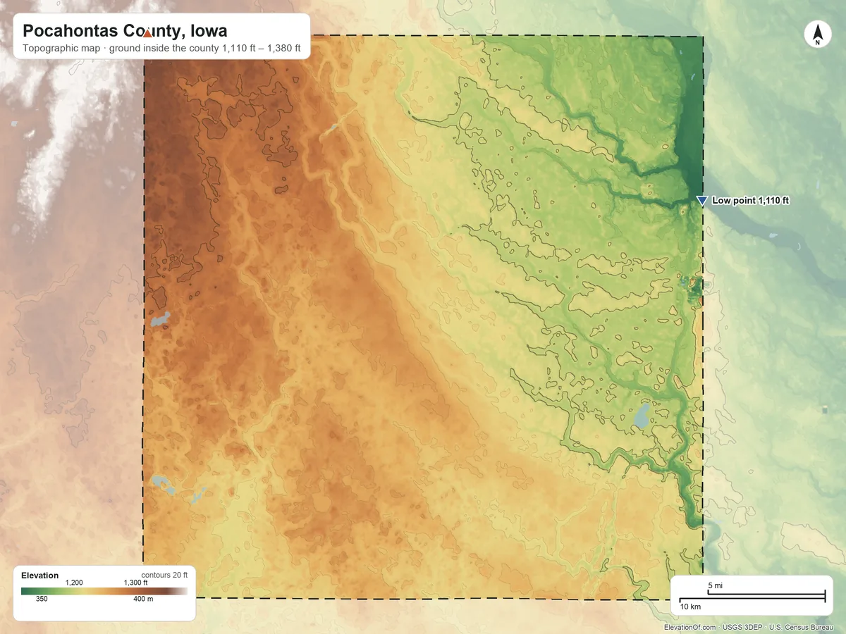Topographic elevation map of Pocahontas County, Iowa, shaded from 1,110 ft on the northeast side to 1,380 ft on the northwest side