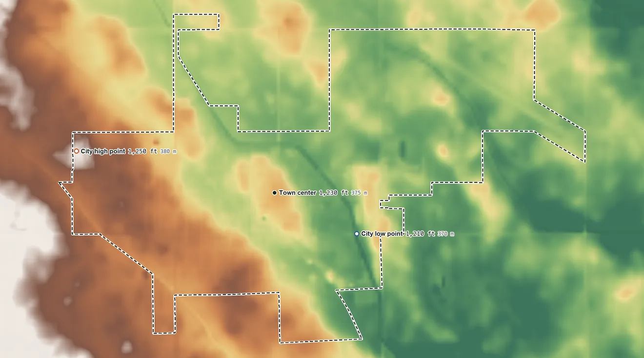 Topographic elevation map of Pocahontas, Iowa, shaded from 1,210 ft on the southeast side to 1,250 ft on the west side