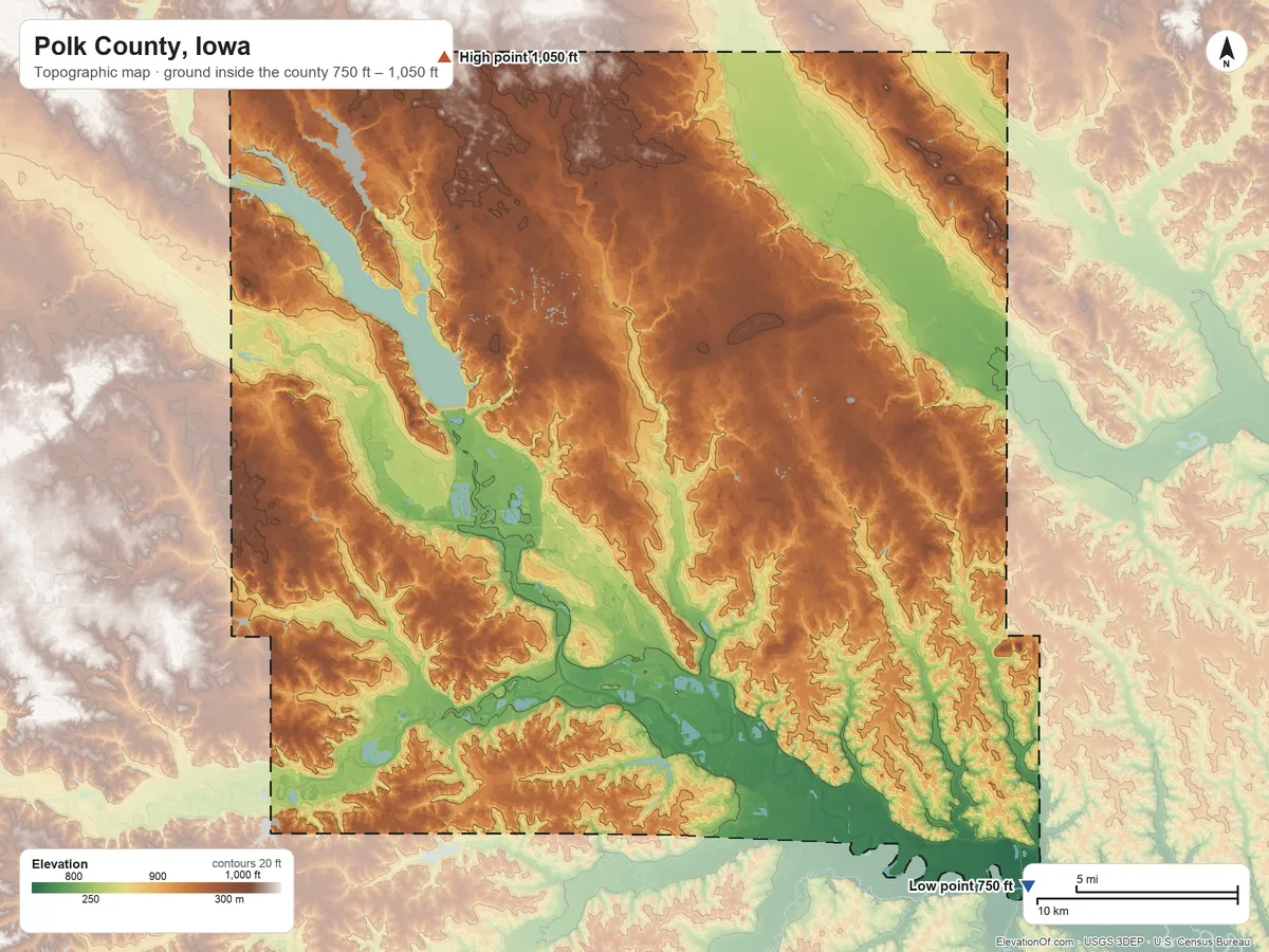 Topographic elevation map of Polk County, Iowa, shaded from 750 ft on the southeast side to 1,050 ft on the northwest side