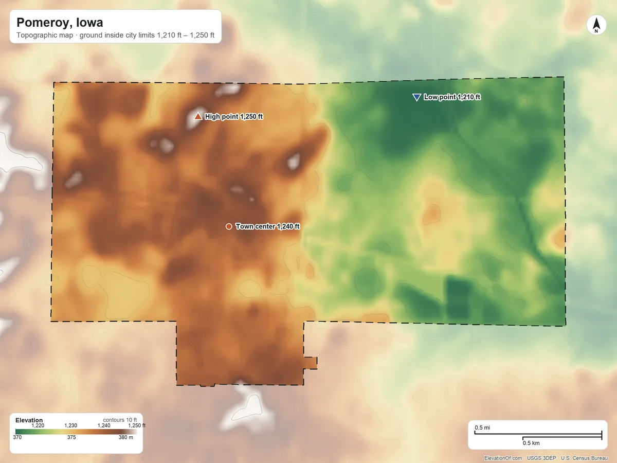 Topographic elevation map of Pomeroy, Iowa, shaded from 1,210 ft on the northeast side to 1,250 ft on the north side