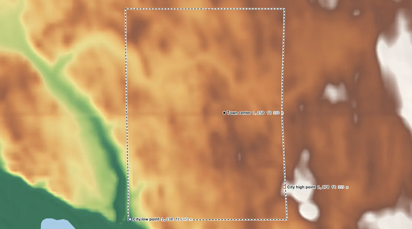 Topographic elevation map of Popejoy, Iowa, shaded from 1,130 ft on the southwest side to 1,170 ft on the southeast side