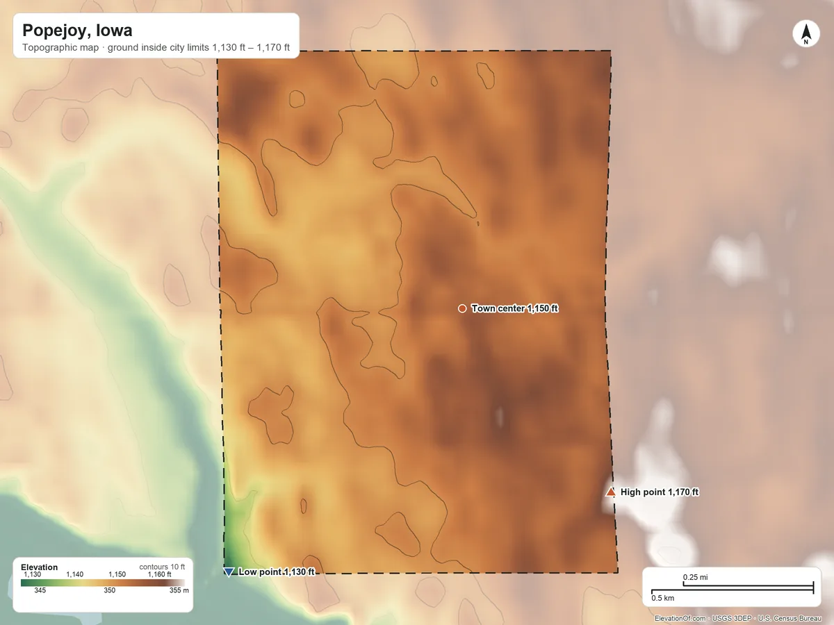 Topographic elevation map of Popejoy, Iowa, shaded from 1,130 ft on the southwest side to 1,170 ft on the southeast side