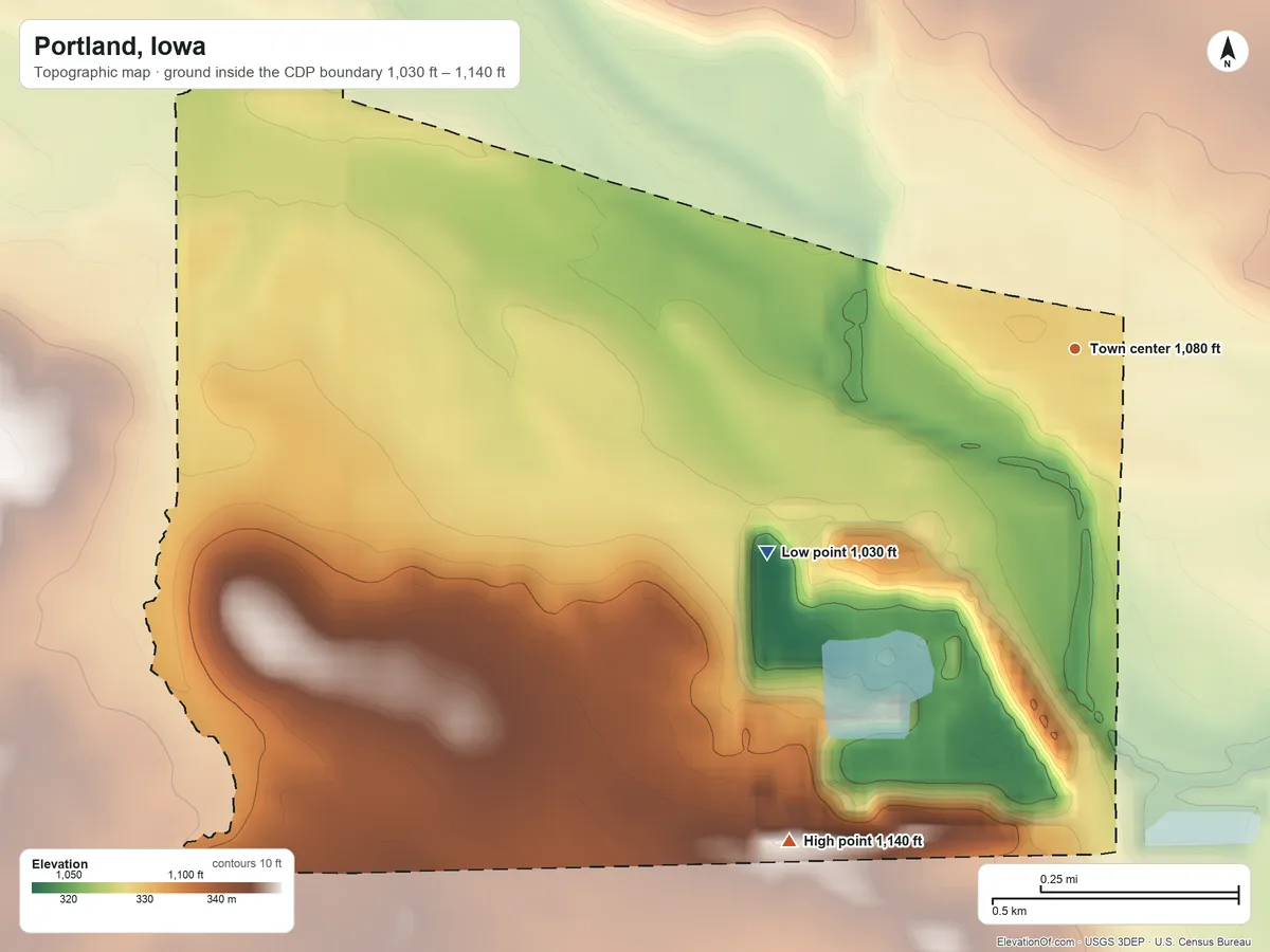Topographic elevation map of Portland, Iowa, shaded from 1,030 ft on the southwest side to 1,140 ft on the southwest side