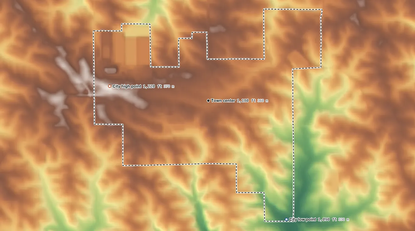 Topographic elevation map of Postville, Iowa, shaded from 1,090 ft on the southeast side to 1,220 ft on the west side