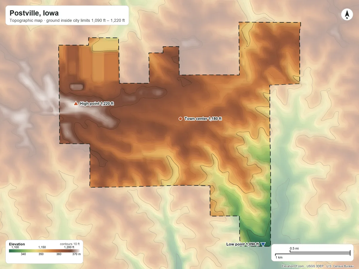 Topographic elevation map of Postville, Iowa, shaded from 1,090 ft on the southeast side to 1,220 ft on the west side