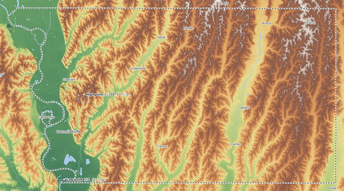 Topographic elevation map of Pottawattamie County, Iowa, shaded from 950 ft on the southwest side to 1,360 ft on the west side