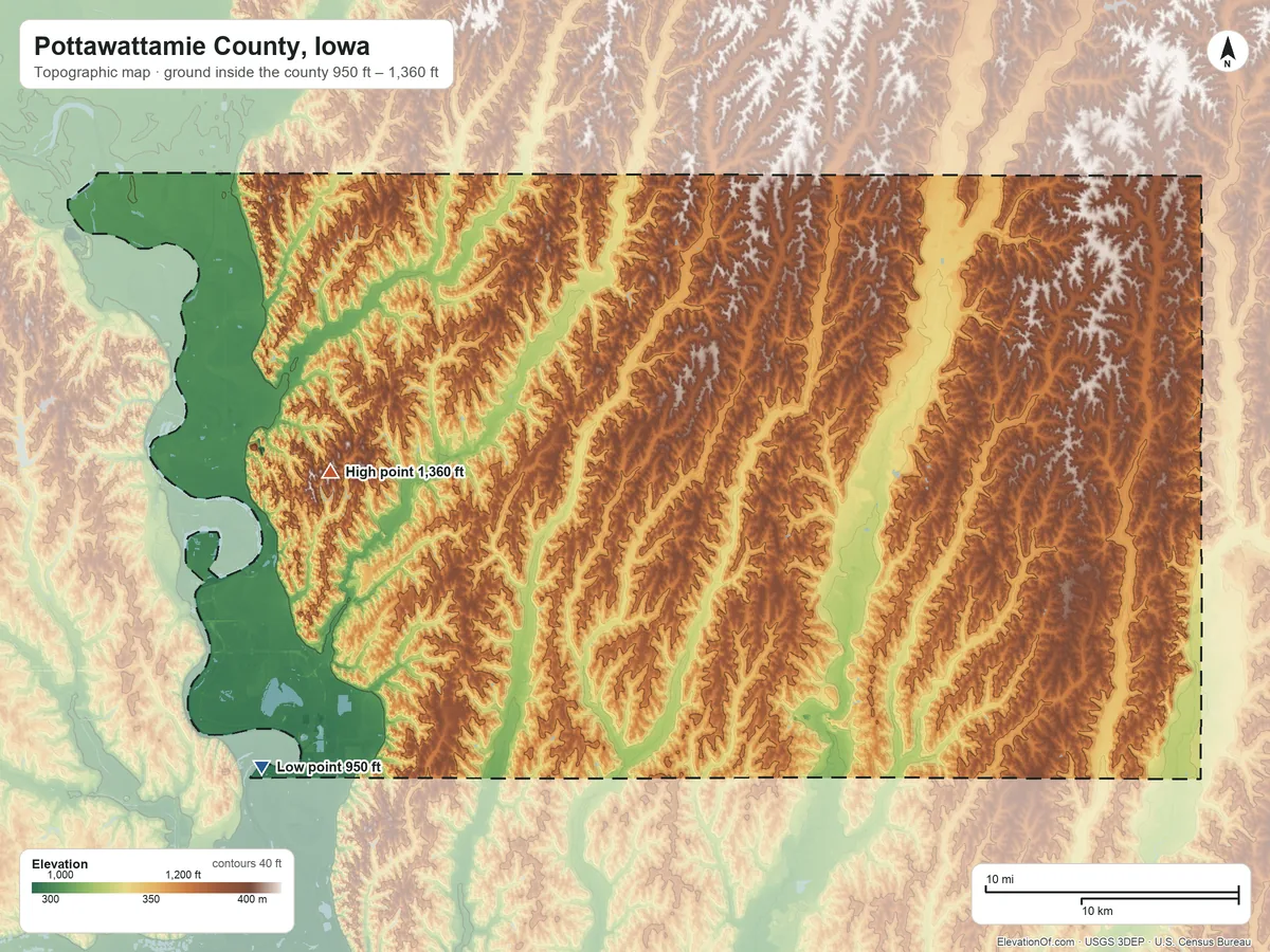 Topographic elevation map of Pottawattamie County, Iowa, shaded from 950 ft on the southwest side to 1,360 ft on the west side