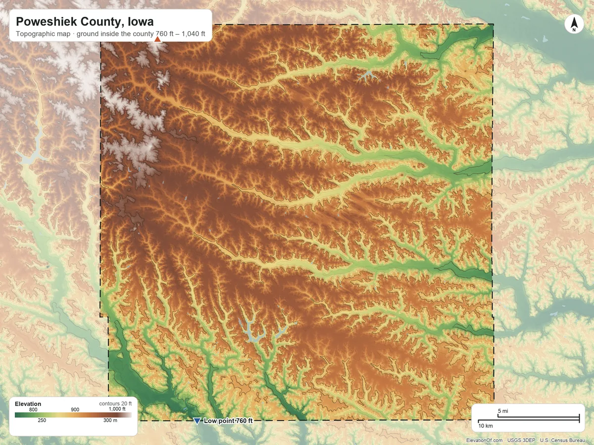 Topographic elevation map of Poweshiek County, Iowa, shaded from 760 ft on the southwest side to 1,040 ft on the northwest side