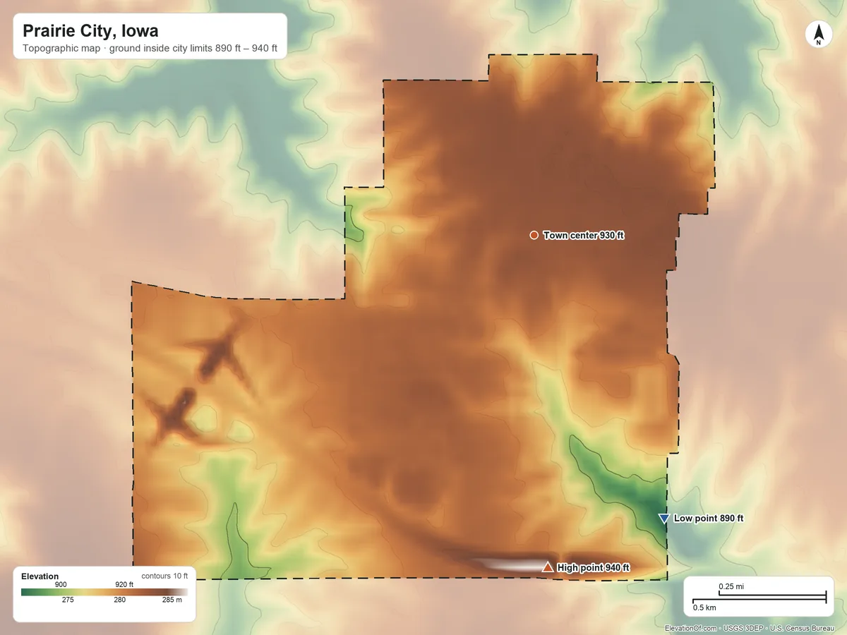Topographic elevation map of Prairie City, Iowa, shaded from 890 ft on the southeast side to 940 ft on the south side