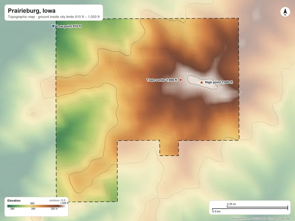 Topographic elevation map of Prairieburg, Iowa, shaded from 910 ft on the northwest side to 1,000 ft near the middle
