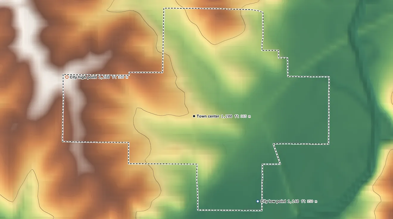 Topographic elevation map of Prescott, Iowa, shaded from 1,140 ft on the southeast side to 1,280 ft on the west side