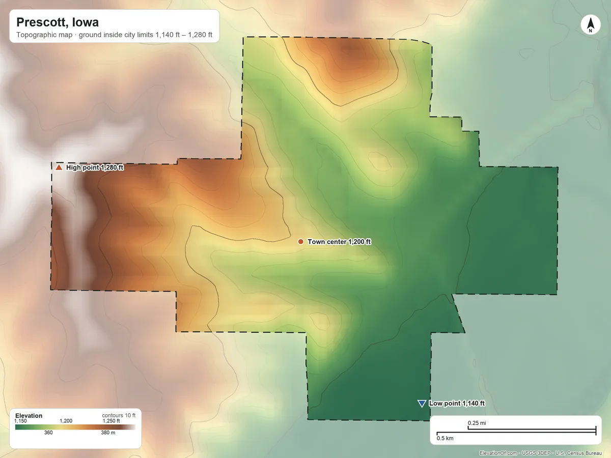 Topographic elevation map of Prescott, Iowa, shaded from 1,140 ft on the southeast side to 1,280 ft on the west side