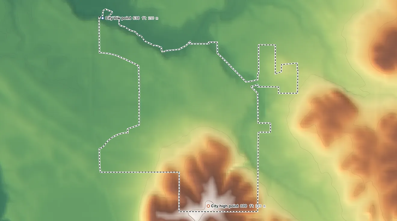 Topographic elevation map of Preston, Iowa, shaded from 630 ft on the northwest side to 800 ft on the south side
